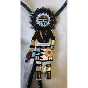 Zuni Andrew Dewa Hopi Sunface Kachina Sterling Bolo Tie Signed Rare Stone Inlay